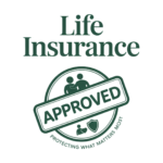 A clean, 2D flat-style illustration of a green circular notary-style stamp on a white background. The stamp features the bold word ‘Approved’ in the center, and above the stamp, the phrase ‘Life I